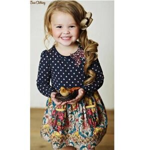 Matilda Jane Friends Forever Rowan Dress Navy Polka Dot Floral Long Sleeve Sz 6